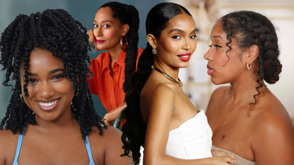 Collage of Black women with long natural hair in different styles.