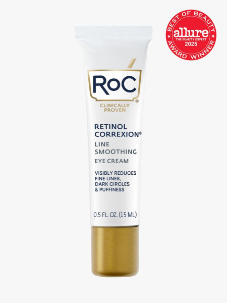 RoC Retinol Correxion Line Smoothing Eye Cream in branded white tube with gold cap on light gray background with red Allure Best of Beauty seal in the top right corner