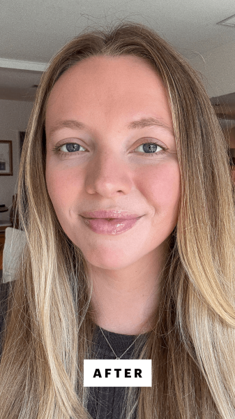 Fowler after applying the Rare Beauty True to Myself Tinted Pressed Finishing Powder