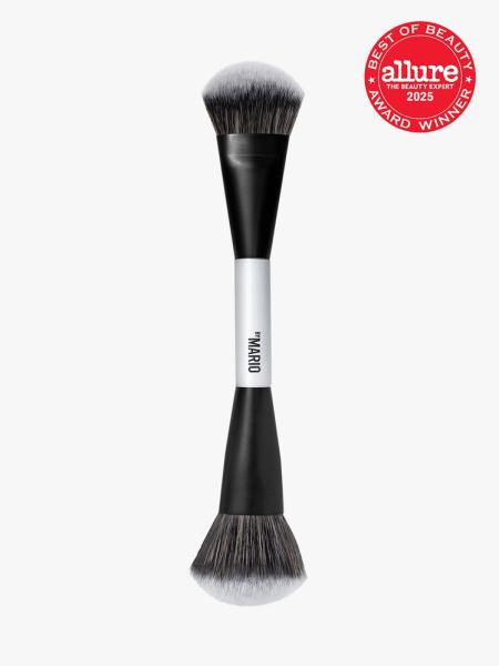 Makeup by Mario F4 Dual-Ended Foundation and Face Brush in branded duo ended black and gray color way on light gray background with red Allure Best of Beauty seal in the top right corner